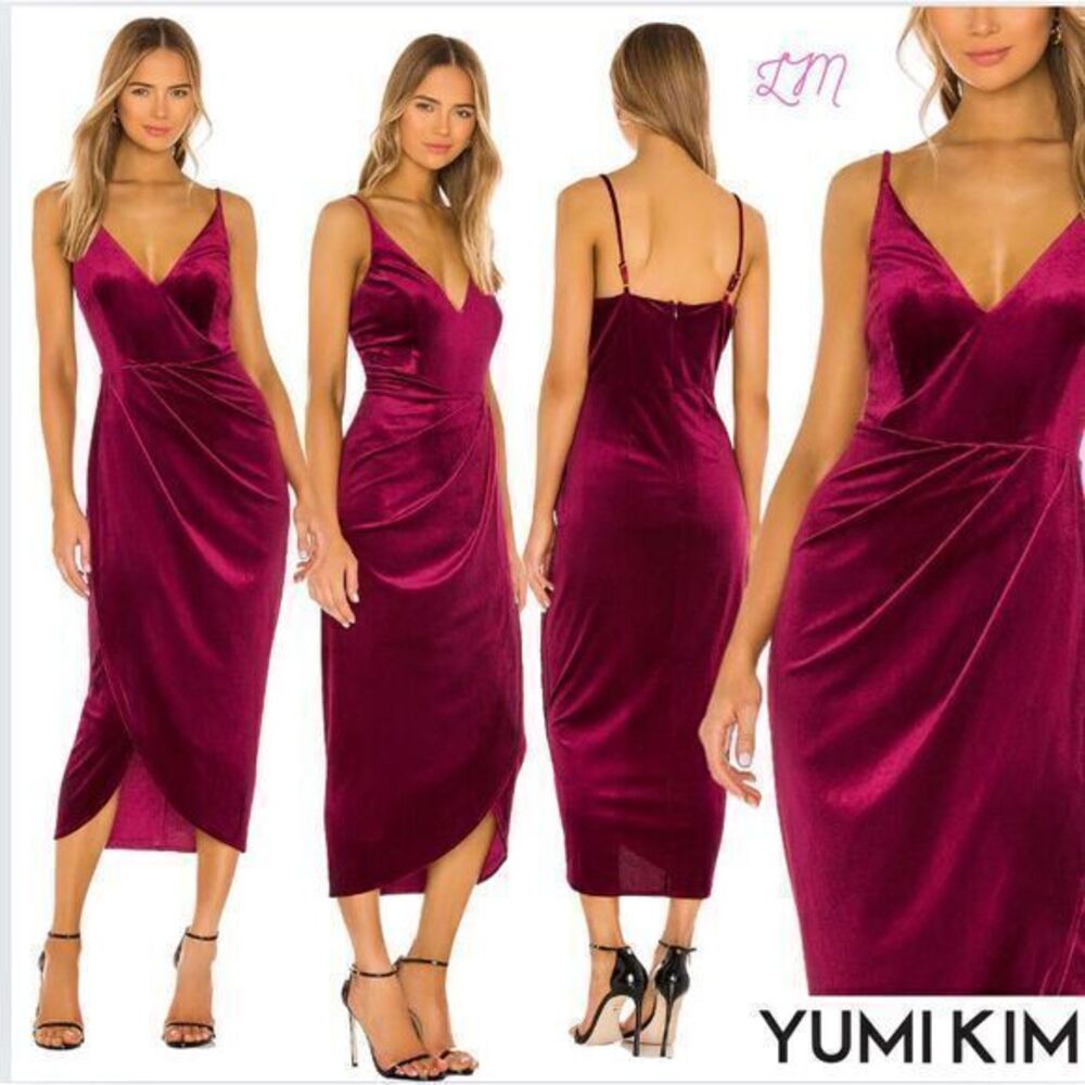 Yumi Kim Revolve Felicity Dress v-neck with a tulip skirt Red Wine Velvet Medium